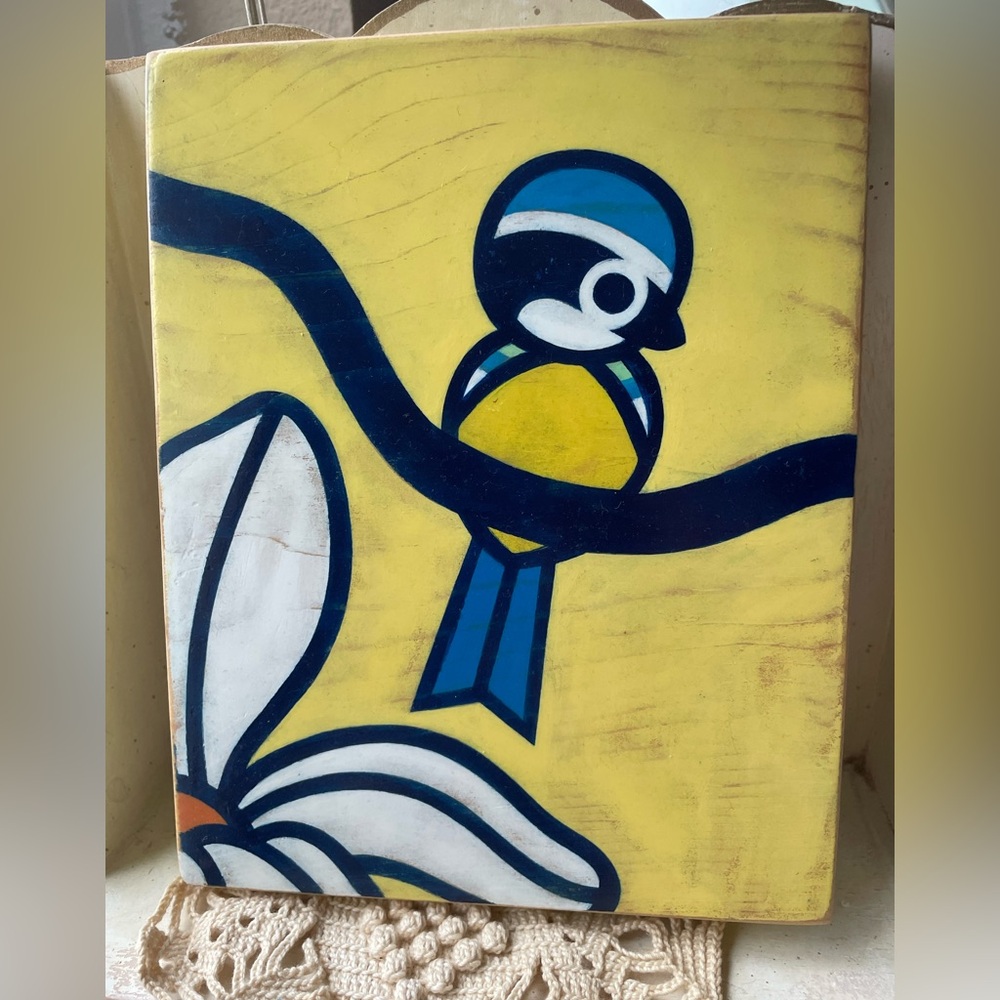 Yellow & Blue Bird Wall Art Hand Painted on Wood